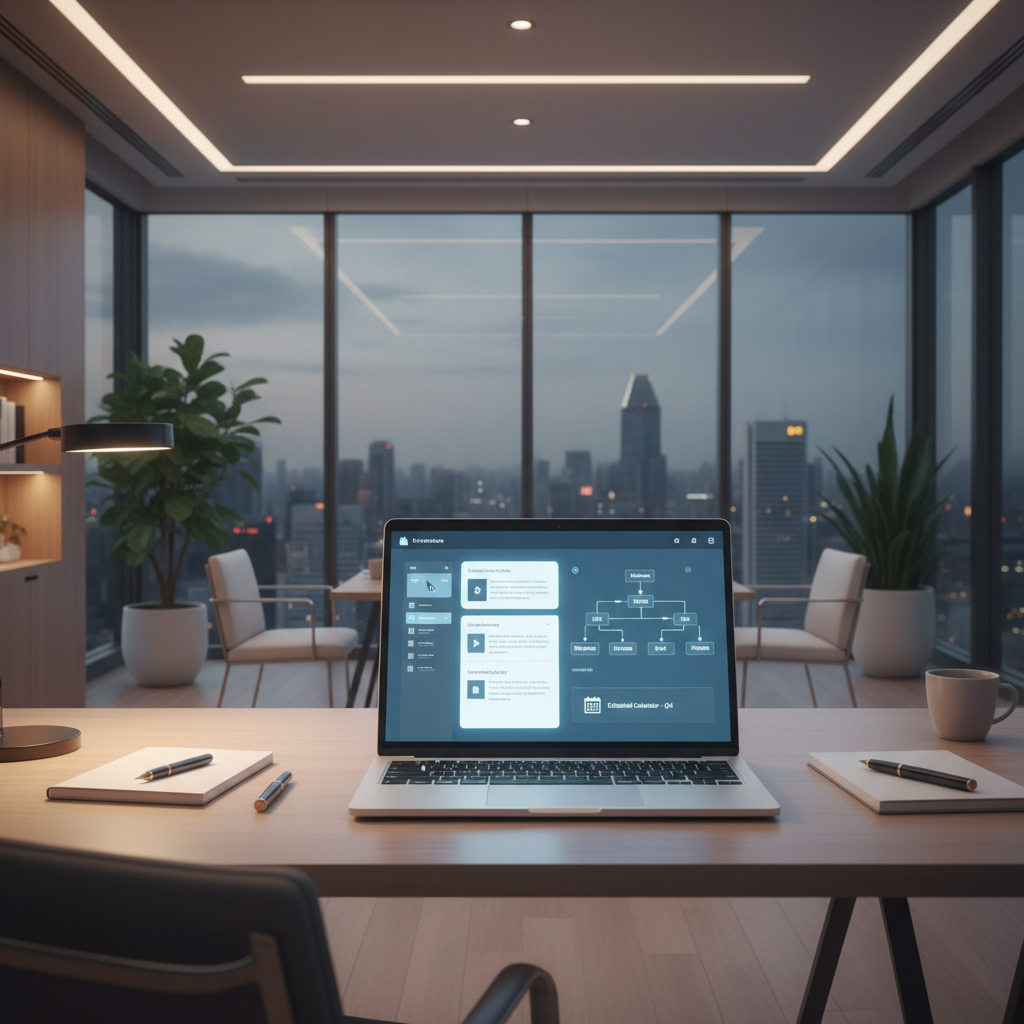 Laptop with AI writing tools and content strategy workflow in a modern Singapore office