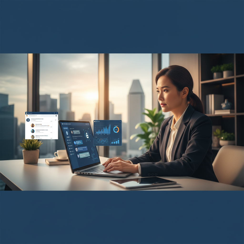 SME owner reviewing AI customer service chat interface on laptop with WhatsApp and analytics dashboard