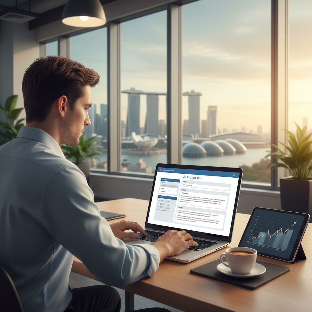 A marketer reviewing AI-generated content on a laptop with a structured prompt visible on screen