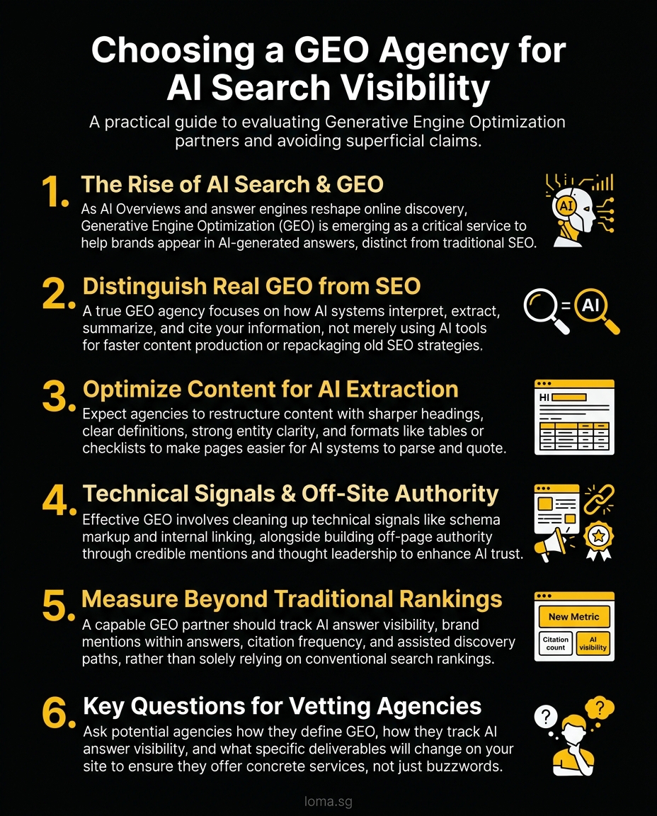 Team reviewing AI search visibility and GEO agency selection criteria on a dashboard
