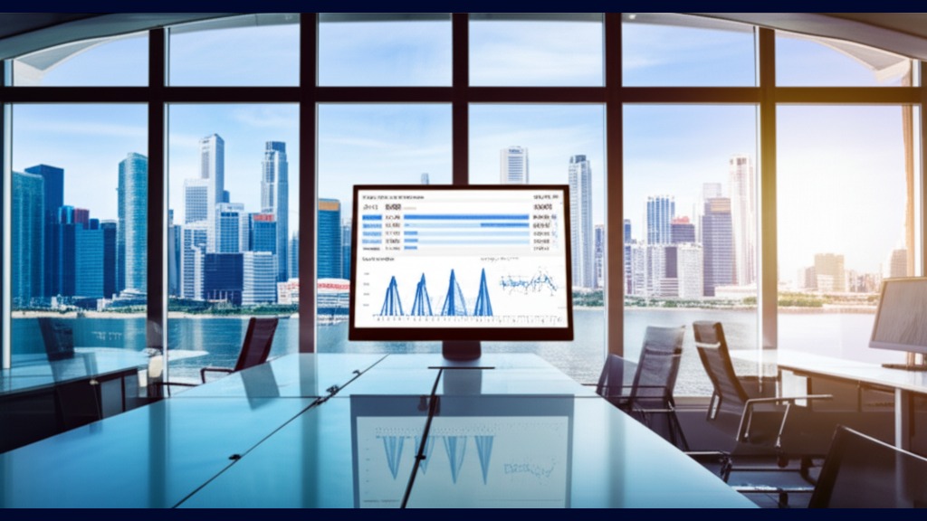 Google Ads dashboard showing campaign performance metrics with a Singapore cityscape in the background