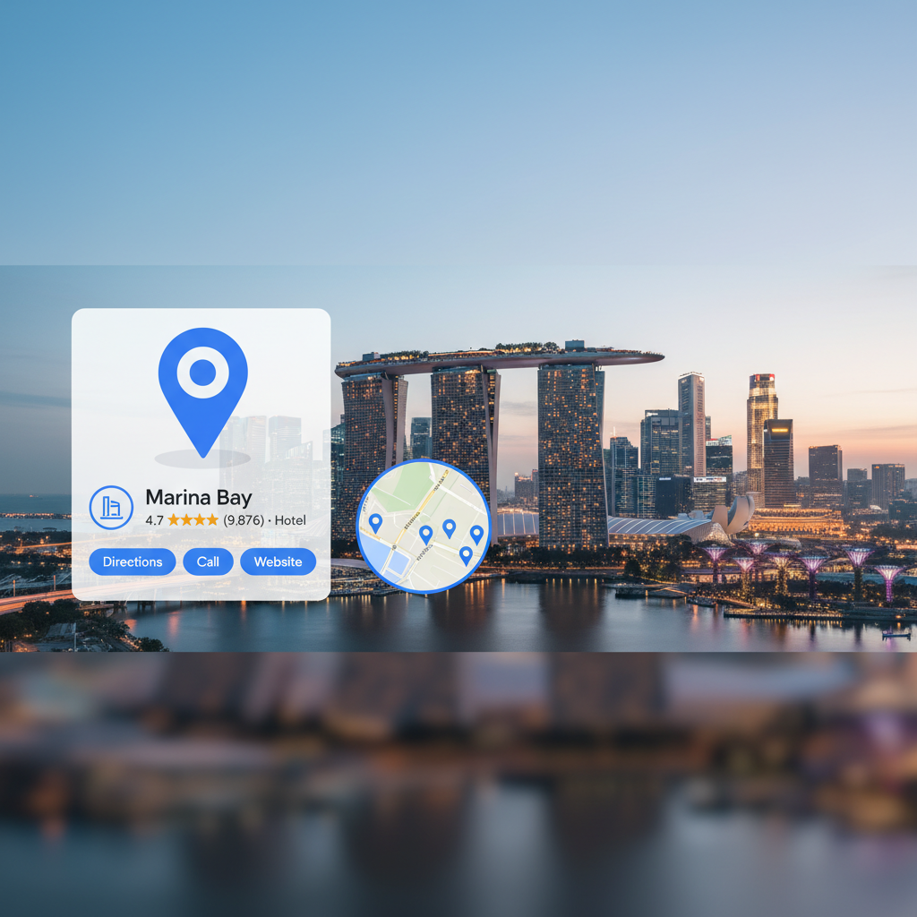 Google Maps local search results showing a business profile with reviews, photos, and location pin in Singapore