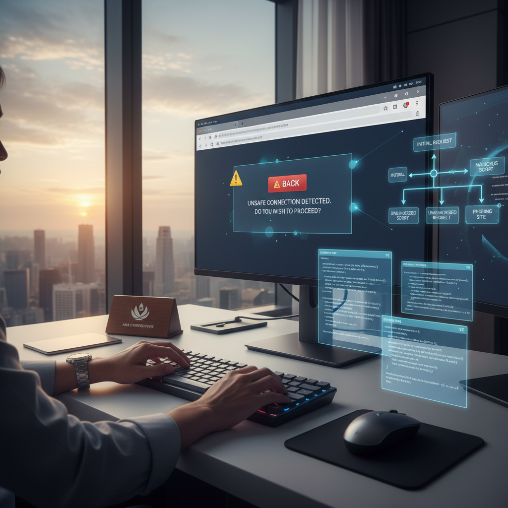 Website audit dashboard showing redirect warnings, popup scripts, and browser navigation checks