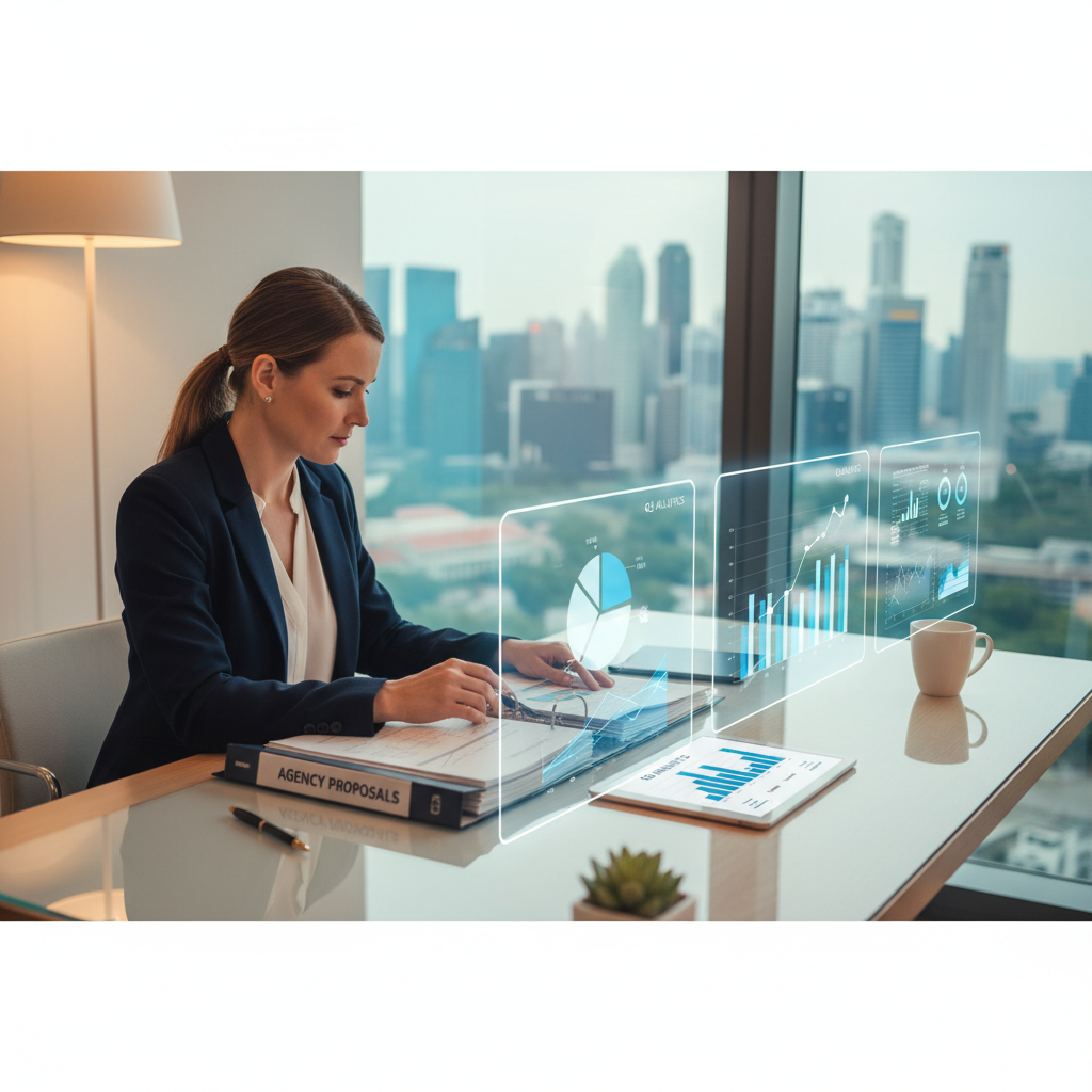 SME founder reviewing digital marketing agency proposals at a desk with analytics reports