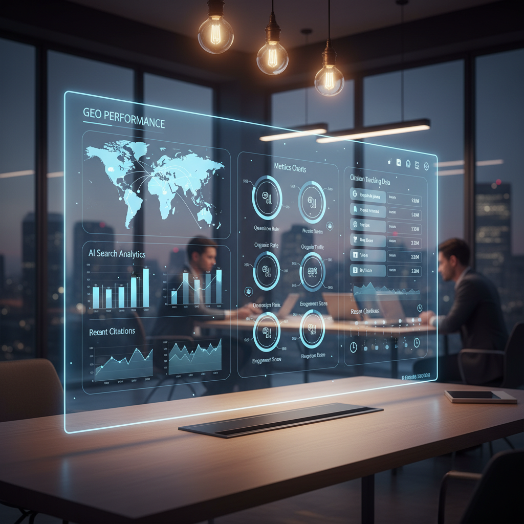 Dashboard showing GEO performance metrics for AI search visibility