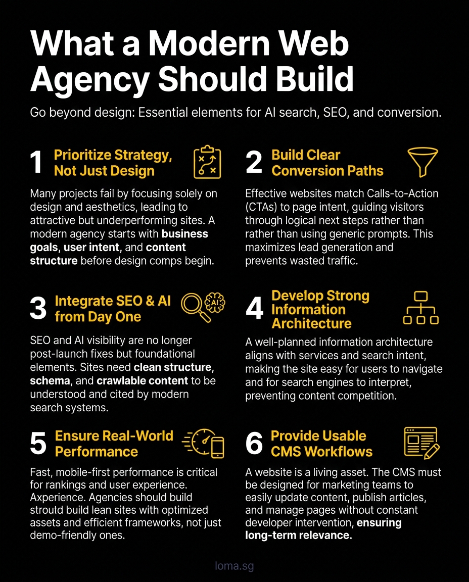 Illustration showing how modern web development supports AI search, SEO, site speed, and conversion