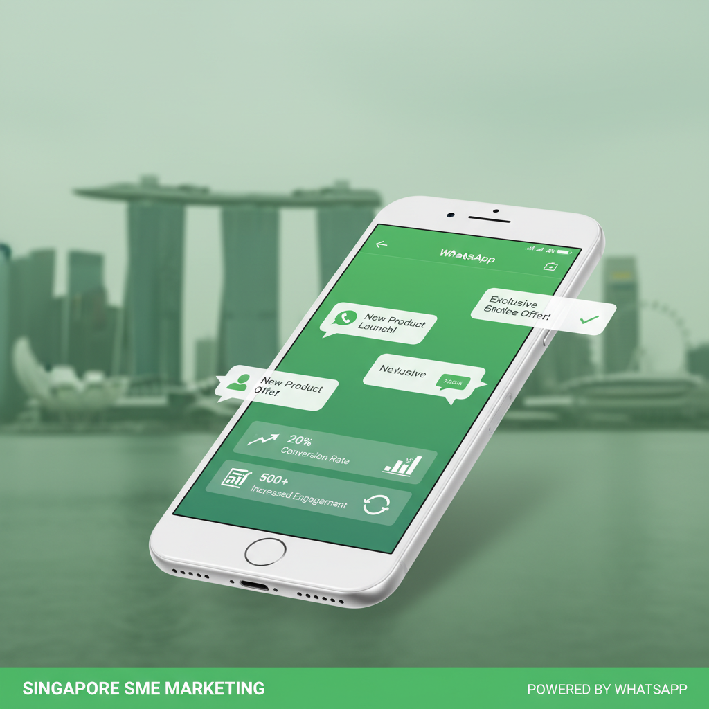 Smartphone showing WhatsApp business chat bubbles with marketing metrics, Singapore skyline in background