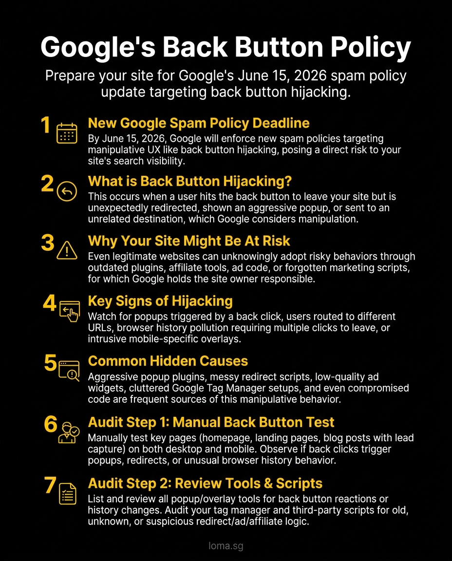 Infographic: Google spam policy 2026 back button hijacking audit checklist
